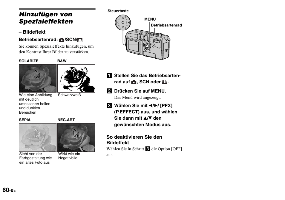 Hinzufügen von spezialeffekten, A stellen sie das betriebsartenrad auf , scn oder, B drücken sie auf menu | Bildeffekt) | Sony DSC-P2 User Manual | Page 162 / 208