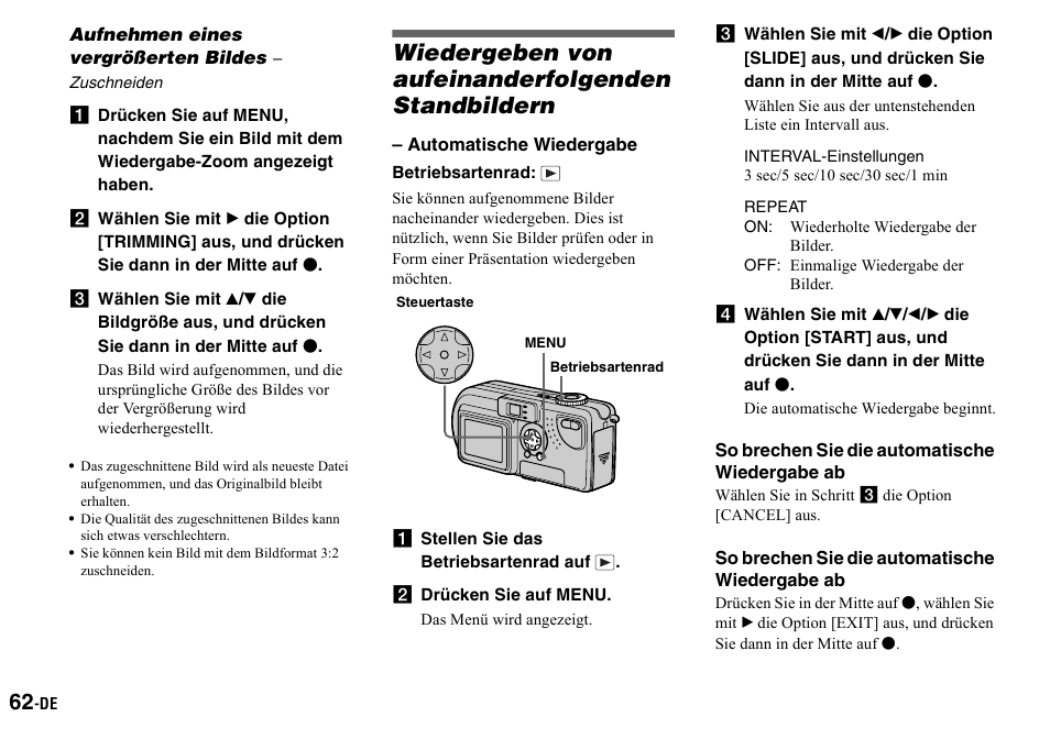Aufnehmen eines vergrößerten bildes – zuschneiden, Wiedergeben von aufeinanderfolgenden standbildern, A stellen sie das betriebsartenrad auf | B drücken sie auf menu, Aufnehmen eines vergrößerten, Bildes – zuschneiden, Wiedergeben von aufeinanderfolgenden, Standbildern (automatische wiedergabe) | Sony DSC-P2 User Manual | Page 164 / 208