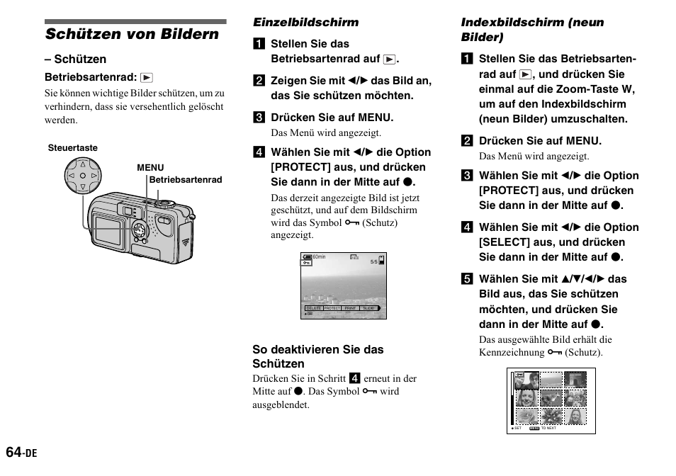 Schützen von bildern, Einzelbildschirm, A stellen sie das betriebsartenrad auf | C drücken sie auf menu, Indexbildschirm (neun bilder), B drücken sie auf menu, Schützen von bildern (schützen), Einzelbildschirm indexbildschirm (neun bilder), Bearbeiten von standbildern | Sony DSC-P2 User Manual | Page 166 / 208