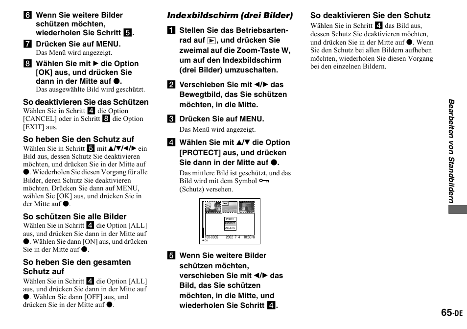G drücken sie auf menu, Indexbildschirm (drei bilder), C drücken sie auf menu | Sony DSC-P2 User Manual | Page 167 / 208