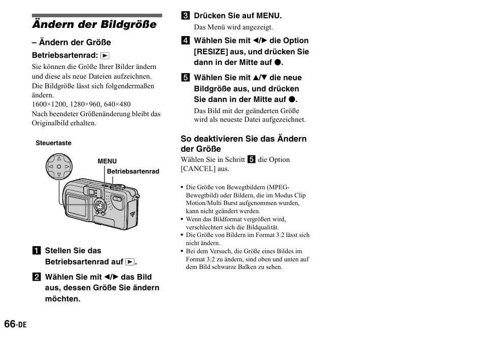 Ändern der bildgröße, A stellen sie das betriebsartenrad auf, C drücken sie auf menu | Ändern der größe) | Sony DSC-P2 User Manual | Page 168 / 208