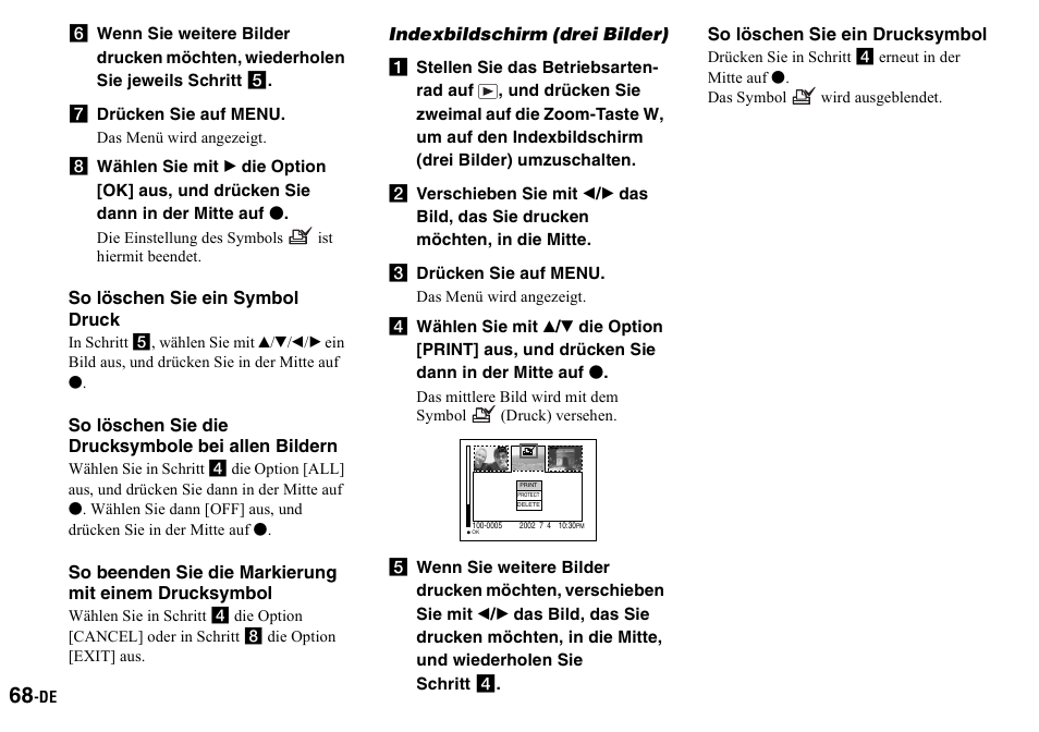 G drücken sie auf menu, Indexbildschirm (drei bilder), C drücken sie auf menu | Sony DSC-P2 User Manual | Page 170 / 208