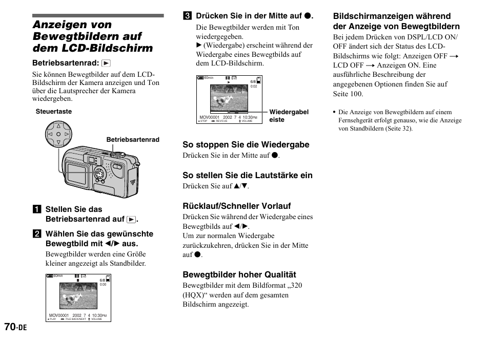 Anzeigen von bewegtbildern auf dem lcd-bildschirm, A stellen sie das betriebsartenrad auf, B wählen sie das gewünschte bewegtbild mit b/b aus | C drücken sie in der mitte auf z, Anzeigen von bewegtbildern auf dem, Lcd-bildschirm, So stoppen sie die wiedergabe, So stellen sie die lautstärke ein, Rücklauf/schneller vorlauf, Bewegtbilder hoher qualität | Sony DSC-P2 User Manual | Page 172 / 208