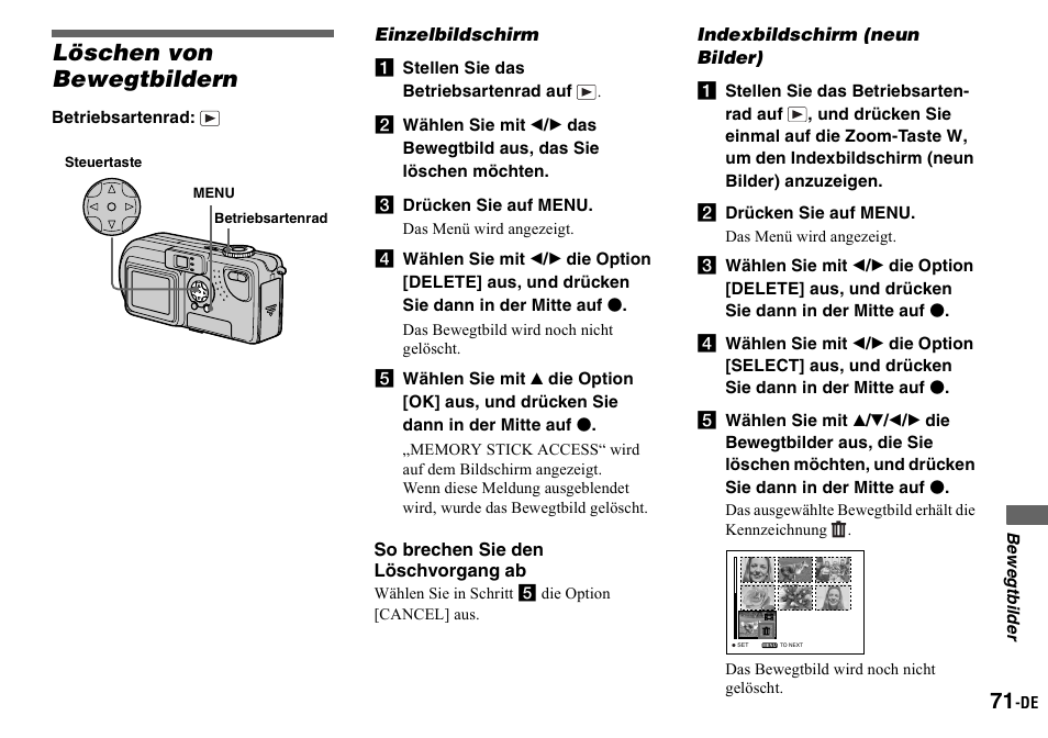 Löschen von bewegtbildern, Einzelbildschirm, A stellen sie das betriebsartenrad auf | C drücken sie auf menu, Indexbildschirm (neun bilder), B drücken sie auf menu, Einzelbildschirm indexbildschirm (neun bilder) | Sony DSC-P2 User Manual | Page 173 / 208