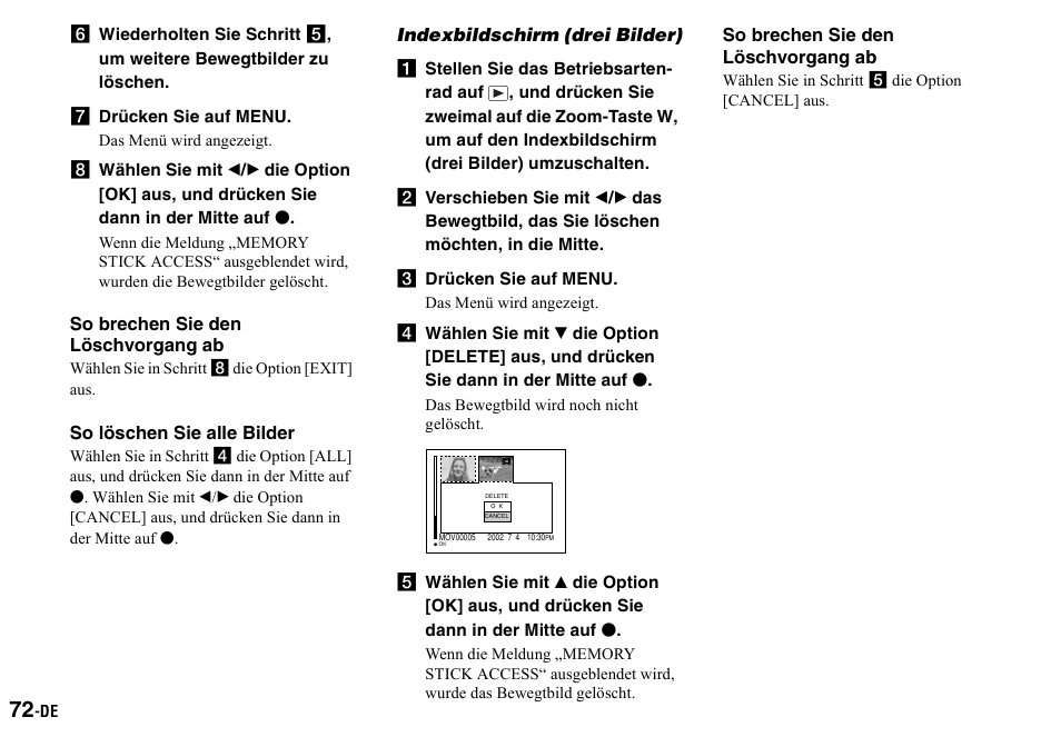 G drücken sie auf menu, Indexbildschirm (drei bilder), C drücken sie auf menu | Sony DSC-P2 User Manual | Page 174 / 208