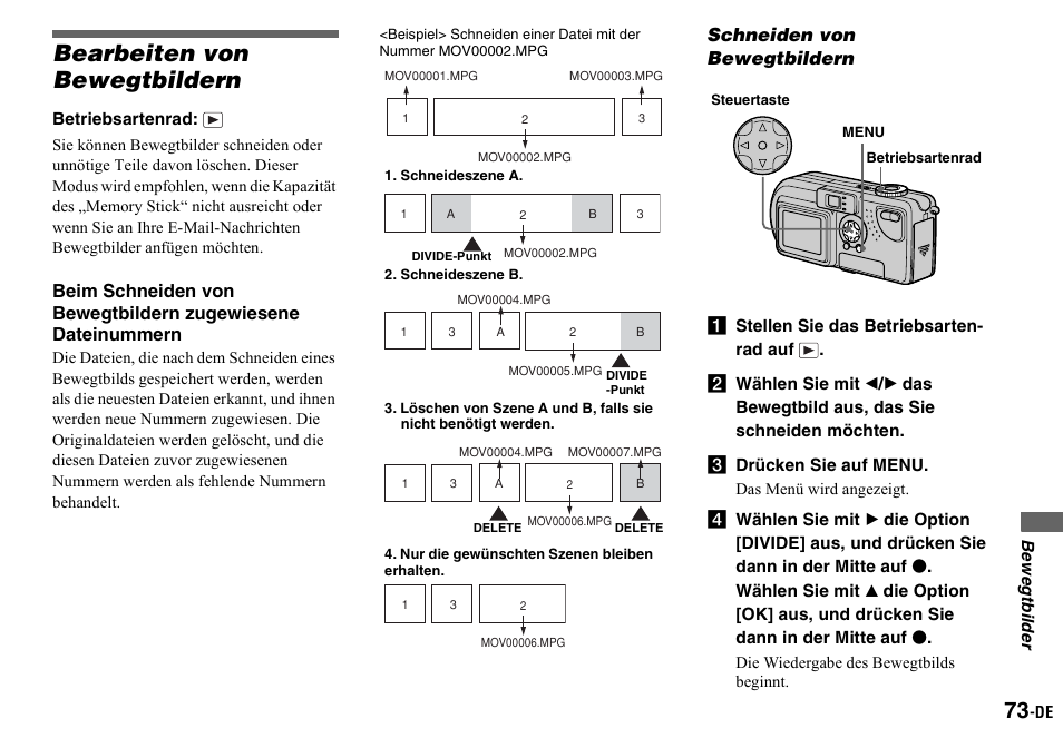 Bearbeiten von bewegtbildern, Schneiden von bewegtbildern, A stellen sie das betriebsartenrad auf | C drücken sie auf menu | Sony DSC-P2 User Manual | Page 175 / 208