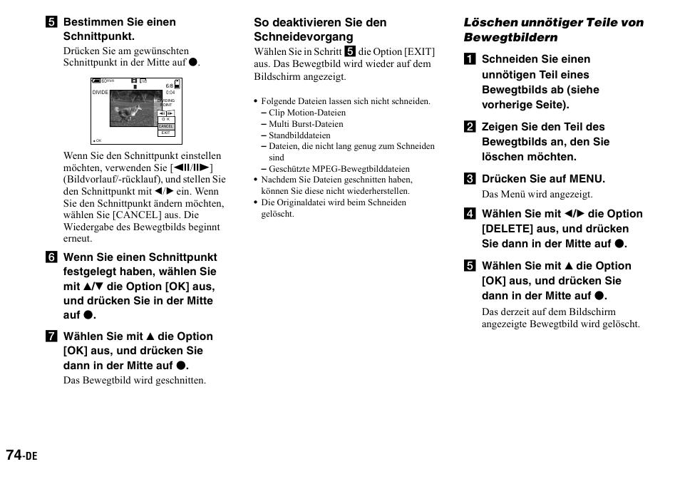 E bestimmen sie einen schnittpunkt, Löschen unnötiger teile von bewegtbildern, C drücken sie auf menu | Löschen unnötiger teile von, Bewegtbildern | Sony DSC-P2 User Manual | Page 176 / 208