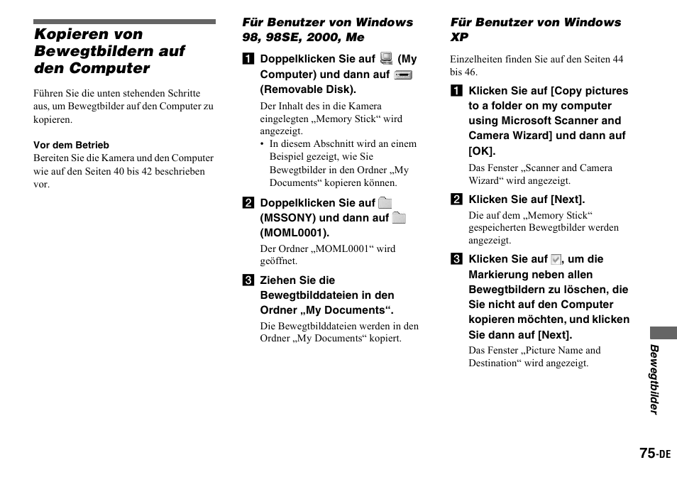 Kopieren von bewegtbildern auf den computer, Vor dem betrieb, Für benutzer von windows 98, 98se, 2000, me | Für benutzer von windows xp, B klicken sie auf [next, Kopieren von bewegtbildern auf den, Computer, Für benutzer von windows 98, 98se, 2000, me | Sony DSC-P2 User Manual | Page 177 / 208