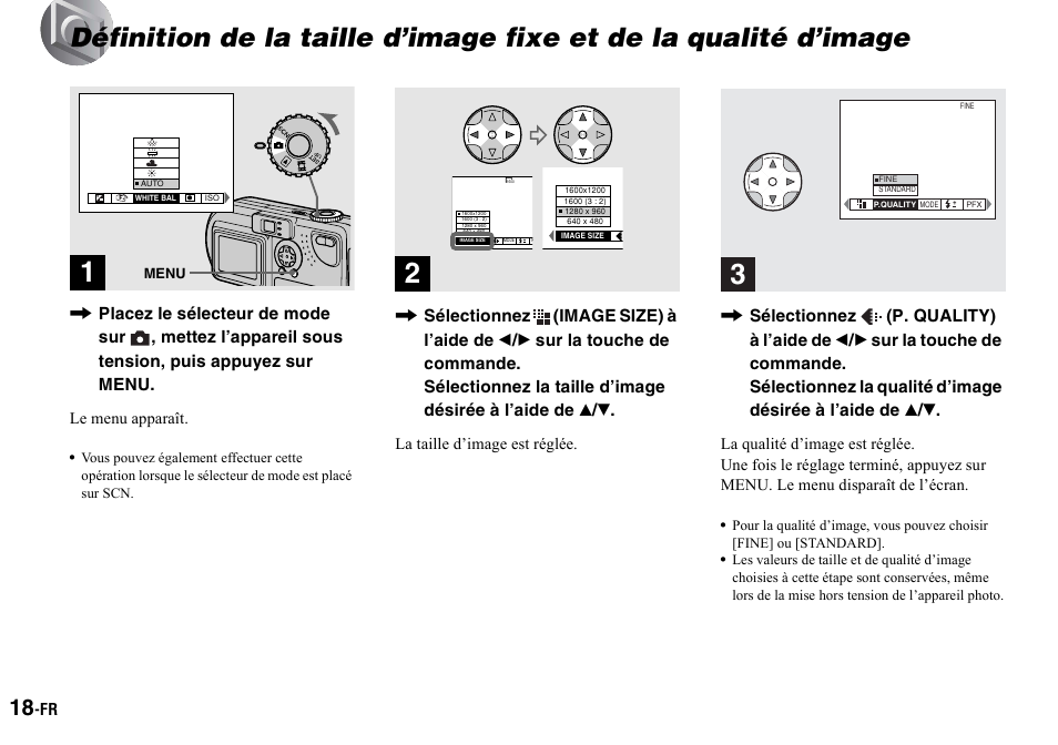 Définition de la taille d’image fixe, Et de la qualité d’image | Sony DSC-P2 User Manual | Page 18 / 208