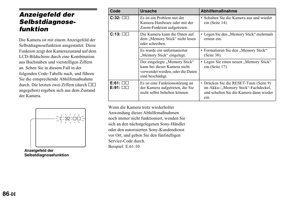 Anzeigefeld der selbstdiagnose-funktion, Anzeigefeld der selbstdiagnose, Funktion | E seite 86, Anzeigefeld der selbstdiagnose- funktion | Sony DSC-P2 User Manual | Page 188 / 208
