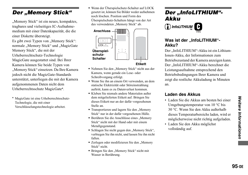 Der „memory stick, Der „infolithium“-akku, Der „memory stick“ der „infolithium“-akku | Der „infolithium“- akku | Sony DSC-P2 User Manual | Page 197 / 208