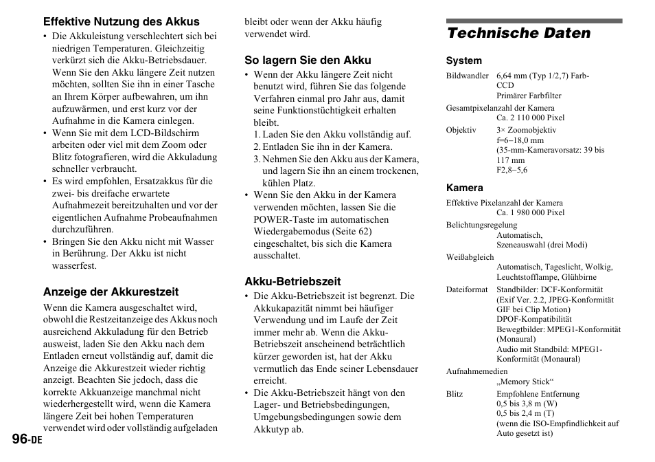 Laden sie den akku vollständig auf, Entladen sie ihn in der kamera, Technische daten | System, Kamera, Seite 96 | Sony DSC-P2 User Manual | Page 198 / 208