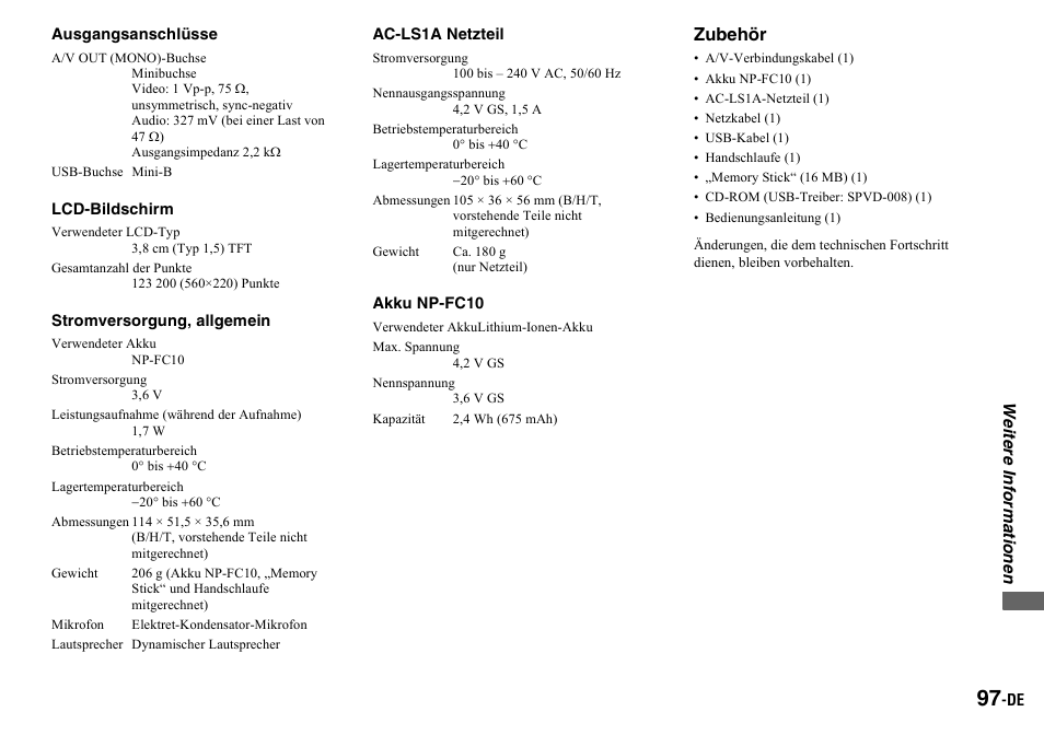 Ausgangsanschlüsse, Lcd-bildschirm, Stromversorgung, allgemein | Ac-ls1a netzteil, Akku np-fc10 | Sony DSC-P2 User Manual | Page 199 / 208