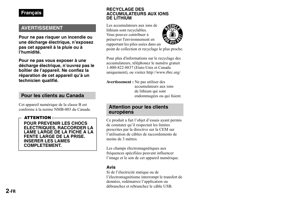 Français, Avertissement, Pour les clients au canada | Attention pour les clients européens, Avis | Sony DSC-P2 User Manual | Page 2 / 208