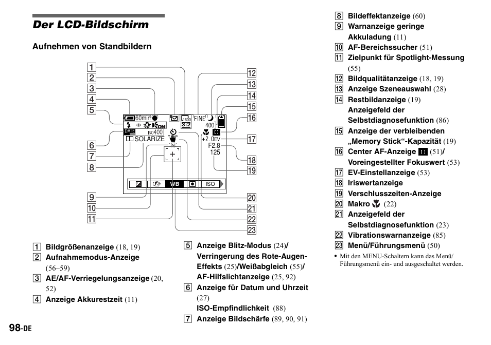 Der lcd-bildschirm, A bildgrößenanzeige (18, 19), B aufnahmemodus-anzeige (56–59) | C ae/af-verriegelungsanzeige (20, 52), D anzeige akkurestzeit (11), G anzeige bildschärfe (89, 90, 91), H bildeffektanzeige (60), I warnanzeige geringe akkuladung (11), J af-bereichssucher (51), K zielpunkt für spotlight-messung (55) | Sony DSC-P2 User Manual | Page 200 / 208
