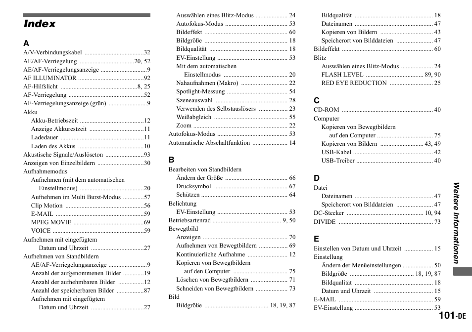 Index, Weitere informationen | Sony DSC-P2 User Manual | Page 203 / 208