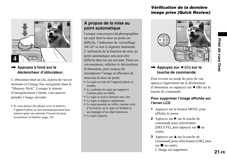 1 appuyez sur le bouton menu pour afficher le menu, Vérification de la dernière image, Prise (quick review) | A propos de la mise au point automatique | Sony DSC-P2 User Manual | Page 21 / 208