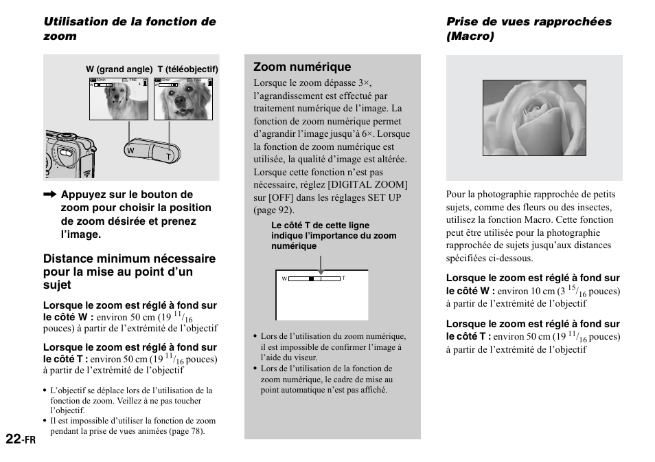 Utilisation de la fonction de zoom, Prise de vues rapprochées (macro), Zoom numérique | Sony DSC-P2 User Manual | Page 22 / 208
