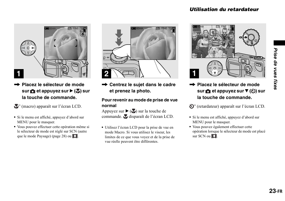 Utilisation du retardateur | Sony DSC-P2 User Manual | Page 23 / 208