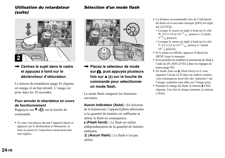 Utilisation du retardateur (suite), Sélection d’un mode flash | Sony DSC-P2 User Manual | Page 24 / 208