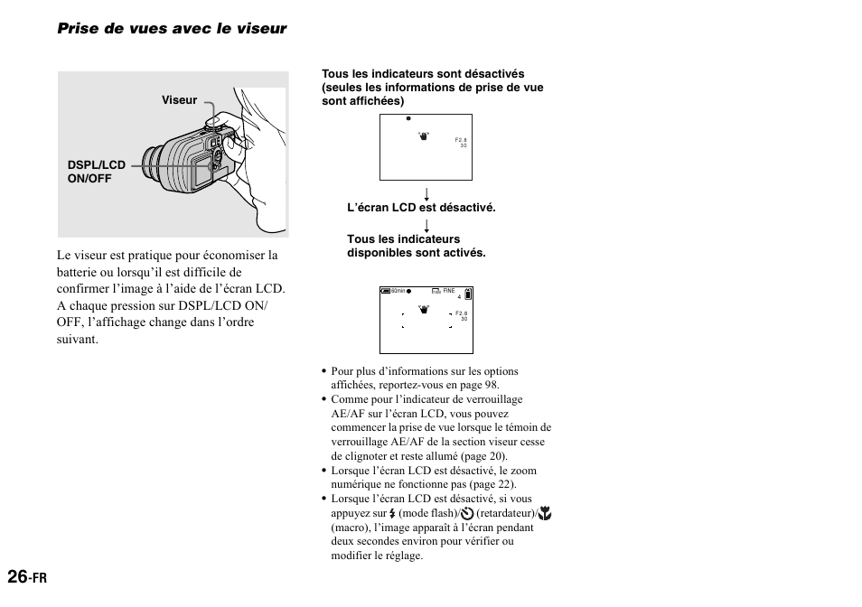 Prise de vues avec le viseur | Sony DSC-P2 User Manual | Page 26 / 208