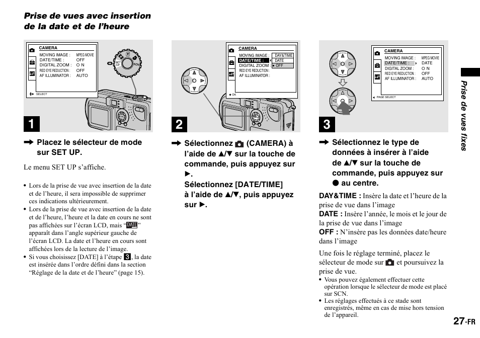 Prise de vues avec insertion de, La date et de l’heure | Sony DSC-P2 User Manual | Page 27 / 208