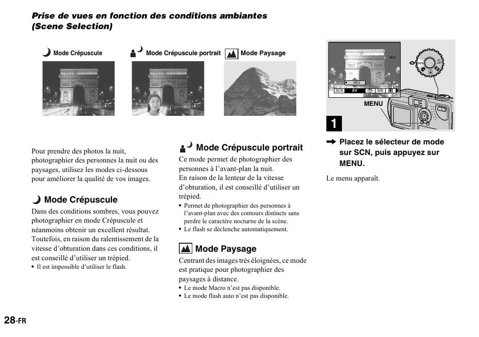 Prise de vues en fonction des conditions, Ambiantes (scene selection), Mode crépuscule | Mode crépuscule portrait, Mode paysage | Sony DSC-P2 User Manual | Page 28 / 208