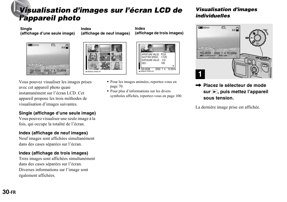 Visualisation d’images individuelles, Visualisation d’images sur l’écran lcd, De l’appareil photo | Visualisation d’images, Individuelles, Visualisation d’images fixes | Sony DSC-P2 User Manual | Page 30 / 208