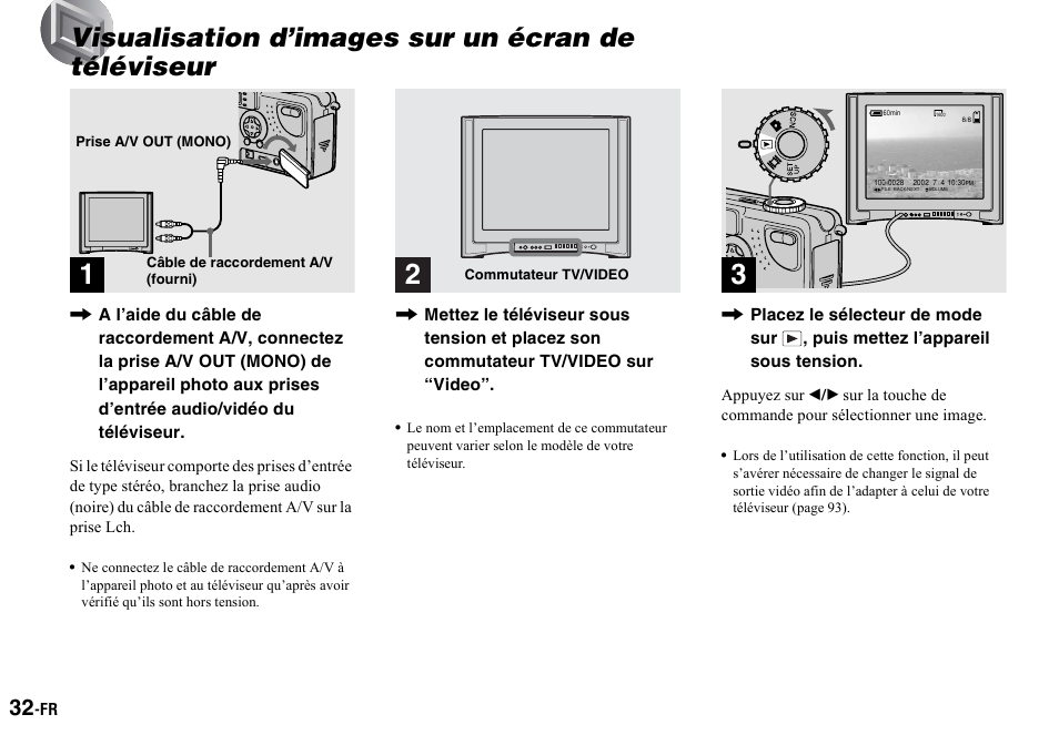 Visualisation d’images sur un écran de téléviseur, Visualisation d’images sur un, Écran de téléviseur | Sony DSC-P2 User Manual | Page 32 / 208