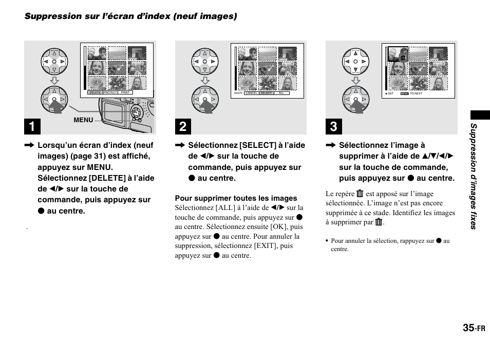 Suppression sur l’écran d’index (neuf images), Suppression sur l’écran d’index, Neuf images) | Sony DSC-P2 User Manual | Page 35 / 208