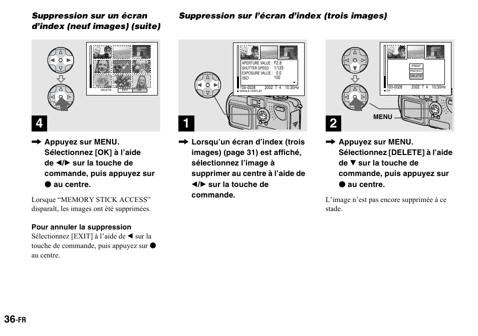 Suppression sur l’écran d’index (trois images), Suppression sur l’écran d’index, Trois images) | Sony DSC-P2 User Manual | Page 36 / 208