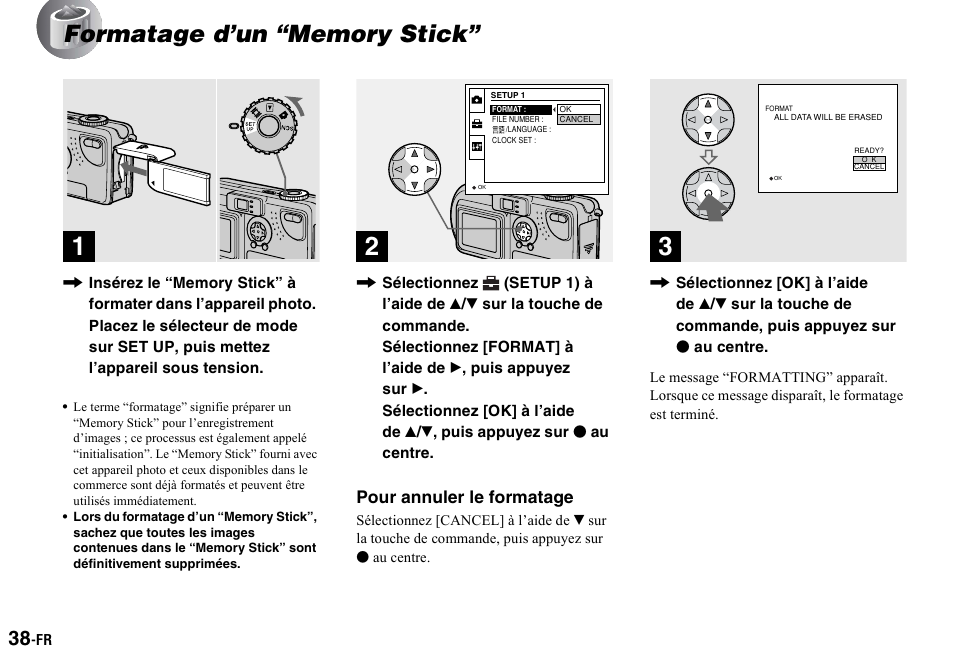 Formatage d’un “memory stick | Sony DSC-P2 User Manual | Page 38 / 208