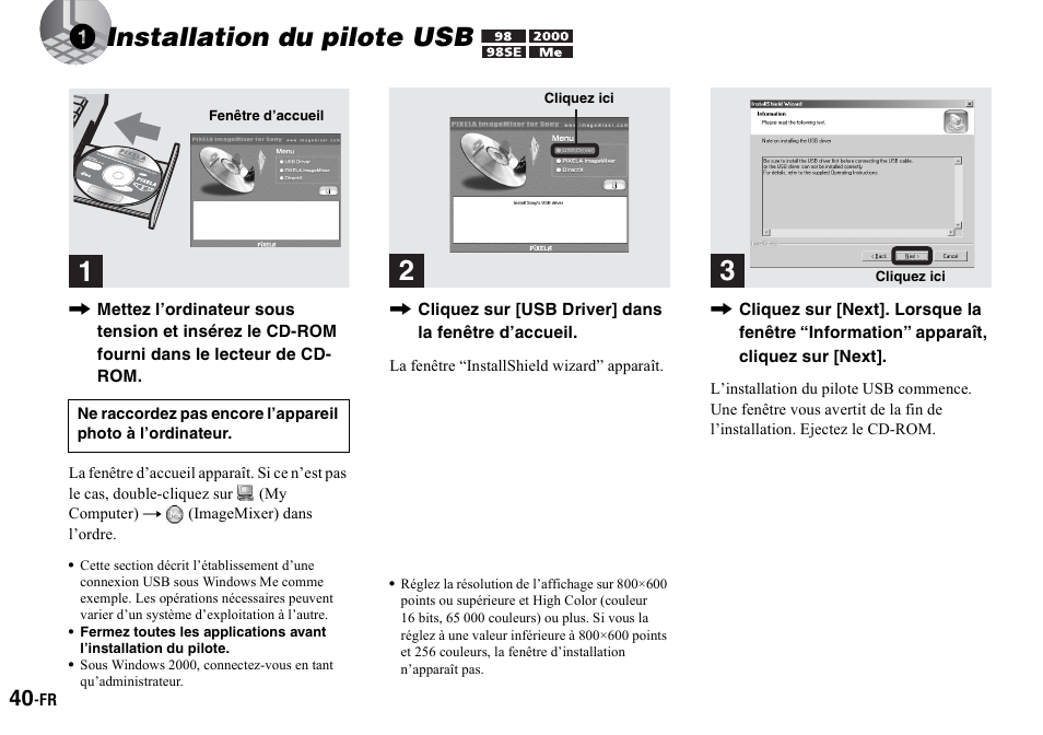 1 installation du pilote usb, 40 à, 1installation du pilote usb | Sony DSC-P2 User Manual | Page 40 / 208