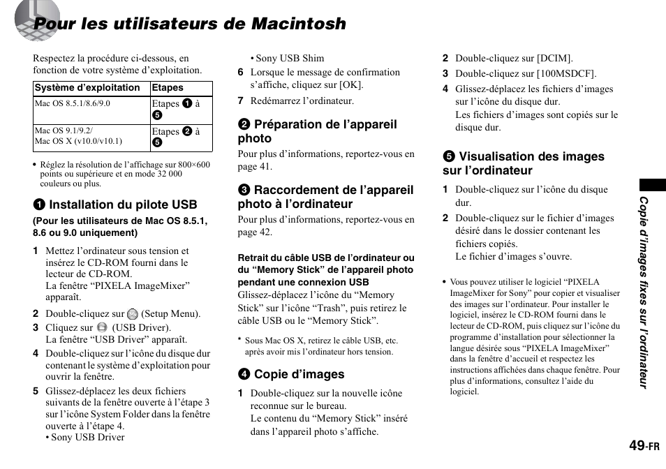 Pour les utilisateurs de macintosh, 2 double-cliquez sur (setup menu), 3 cliquez sur (usb driver) | 7 redémarrez l’ordinateur, 2 double-cliquez sur [dcim, 3 double-cliquez sur [100msdcf, 1 double-cliquez sur l’icône du disque dur | Sony DSC-P2 User Manual | Page 49 / 208