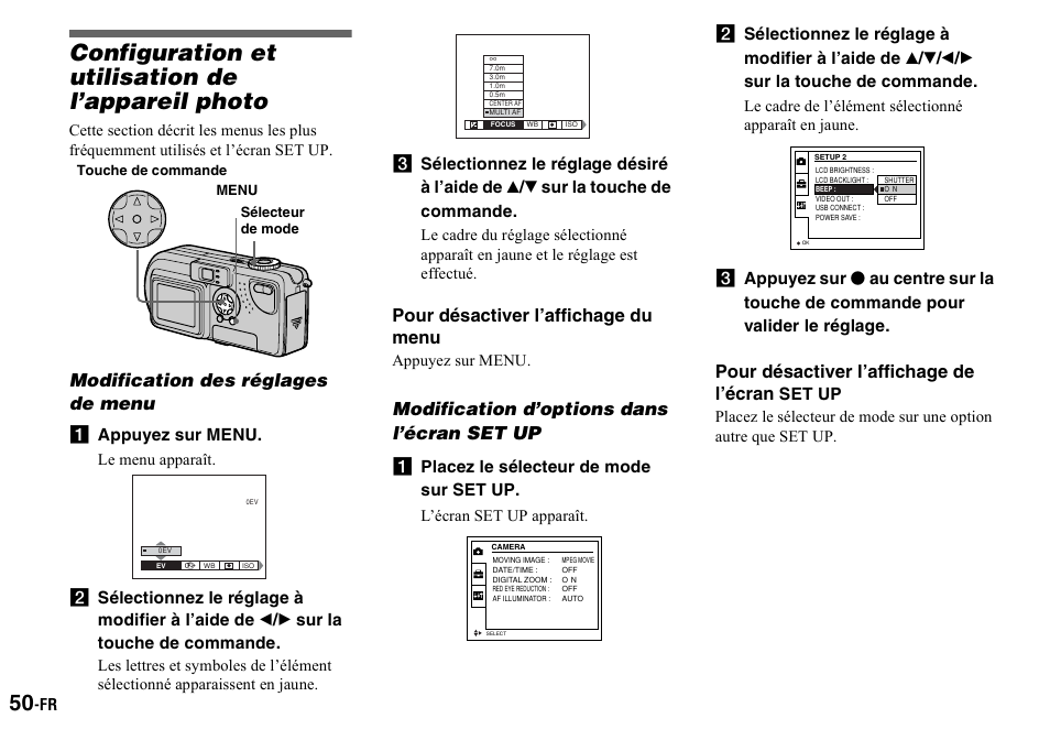 Configuration et utilisation de l’appareil photo, A appuyez sur menu, A placez le sélecteur de mode sur set up | Configuration et utilisation de, L’appareil photo, L’écran set up, Avant d’effectuer des opérations avancées, Modification des réglages de menu, Pour désactiver l’affichage du menu, Modification d’options dans l’écran set up | Sony DSC-P2 User Manual | Page 50 / 208