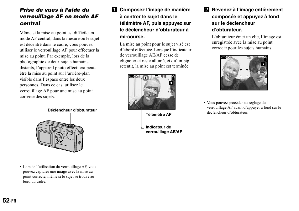 Prise de vues à l’aide du verrouillage, Af en mode af central | Sony DSC-P2 User Manual | Page 52 / 208