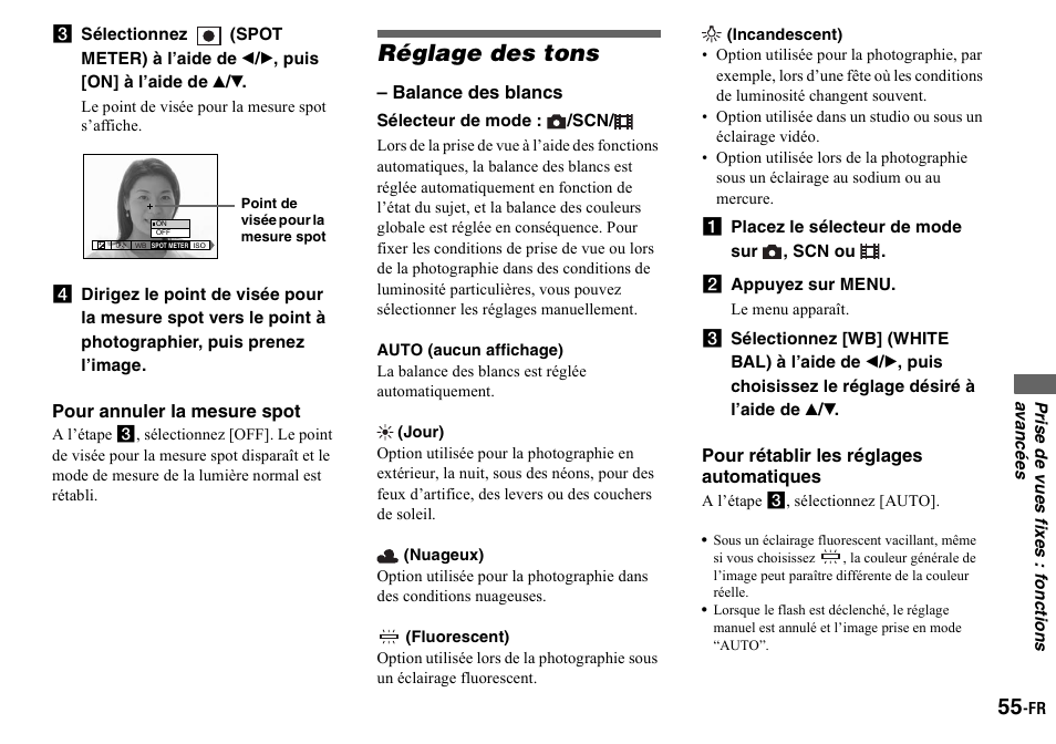 Réglage des tons, Auto (aucun affichage), Jour) | Nuageux), Fluorescent), Incandescent), A placez le sélecteur de mode sur , scn ou, B appuyez sur menu | Sony DSC-P2 User Manual | Page 55 / 208