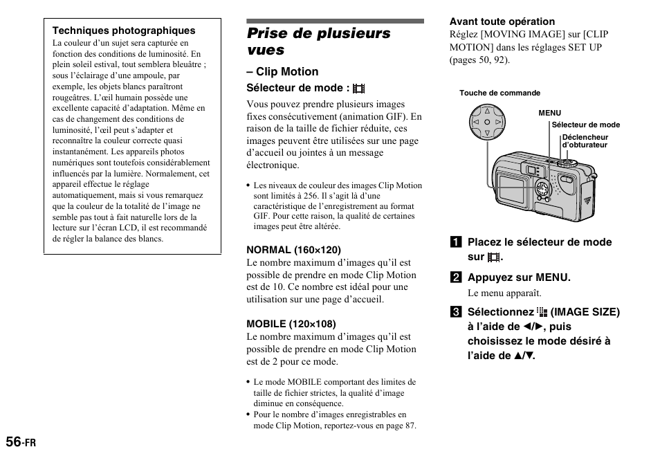 Techniques photographiques, Prise de plusieurs vues, Normal (160°120) | Mobile (120°108), Avant toute opération, A placez le sélecteur de mode sur, B appuyez sur menu, Prise de plusieurs vues (clip motion) | Sony DSC-P2 User Manual | Page 56 / 208