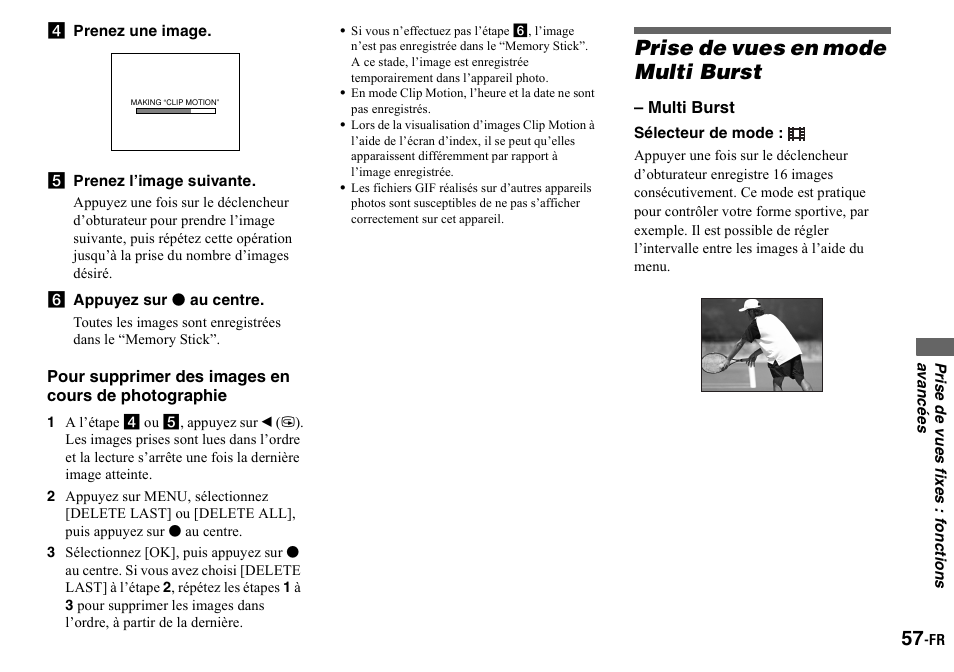 D prenez une image, E prenez l’image suivante, F appuyez sur z au centre | Prise de vues en mode multi burst, Multi burst) | Sony DSC-P2 User Manual | Page 57 / 208