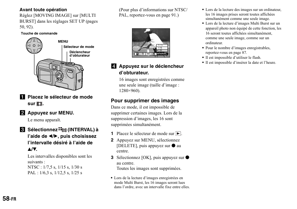 Avant toute opération, A placez le sélecteur de mode sur, B appuyez sur menu | D appuyez sur le déclencheur d’obturateur, 1 placez le sélecteur de mode sur, 3 sélectionnez [ok], puis appuyez sur z au centre, Il est impossible d’utiliser le flash, Il est impossible d’insérer la date et l’heure | Sony DSC-P2 User Manual | Page 58 / 208