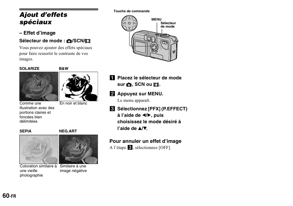 Ajout d’effets spéciaux, A placez le sélecteur de mode sur , scn ou, B appuyez sur menu | Effet d’image) | Sony DSC-P2 User Manual | Page 60 / 208