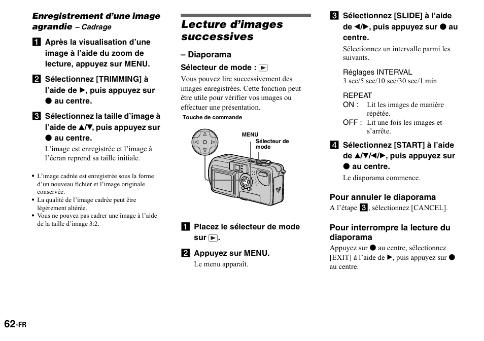 Enregistrement d’une image agrandie – cadrage, Lecture d’images successives, A placez le sélecteur de mode sur | B appuyez sur menu, Enregistrement d’une image agrandie, Cadrage, Diaporama) | Sony DSC-P2 User Manual | Page 62 / 208