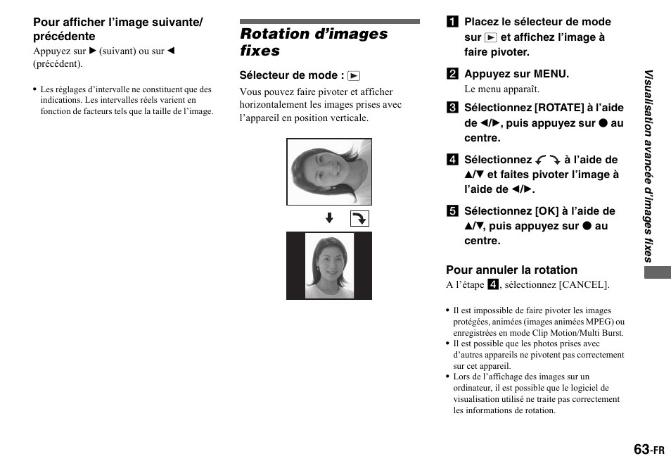 Rotation d’images fixes, B appuyez sur menu | Sony DSC-P2 User Manual | Page 63 / 208