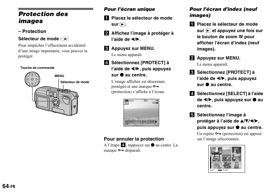 Protection des images, Pour l’écran unique, A placez le sélecteur de mode sur | B affichez l’image à protéger à l’aide de b/b, C appuyez sur menu, Pour l’écran d’index (neuf images), B appuyez sur menu, Protection des images (protection), Modification d’images fixes | Sony DSC-P2 User Manual | Page 64 / 208