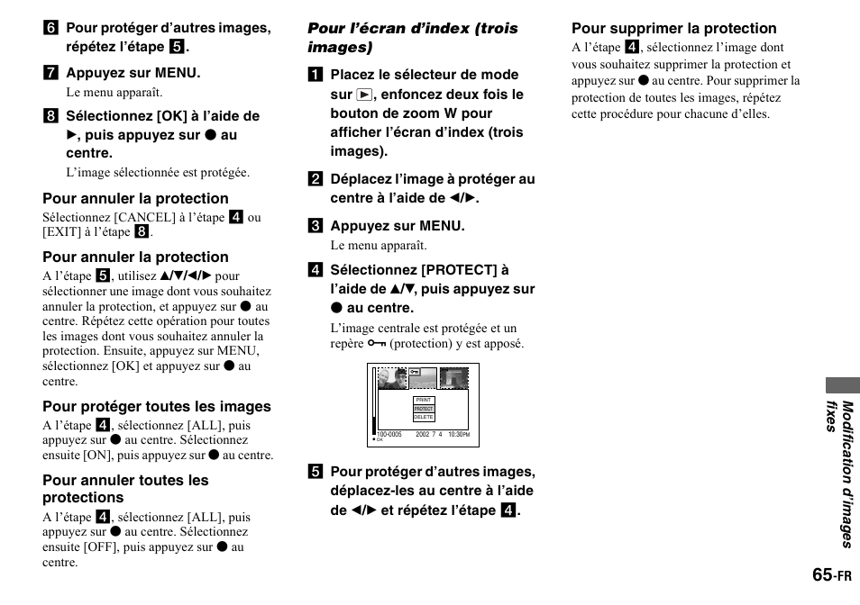 F pour protéger d’autres images, répétez l’étape 5, G appuyez sur menu, Pour l’écran d’index (trois images) | C appuyez sur menu | Sony DSC-P2 User Manual | Page 65 / 208