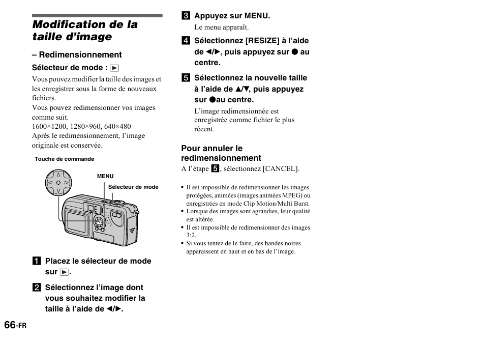 Modification de la taille d’image, A placez le sélecteur de mode sur, C appuyez sur menu | Redimensionnement) | Sony DSC-P2 User Manual | Page 66 / 208