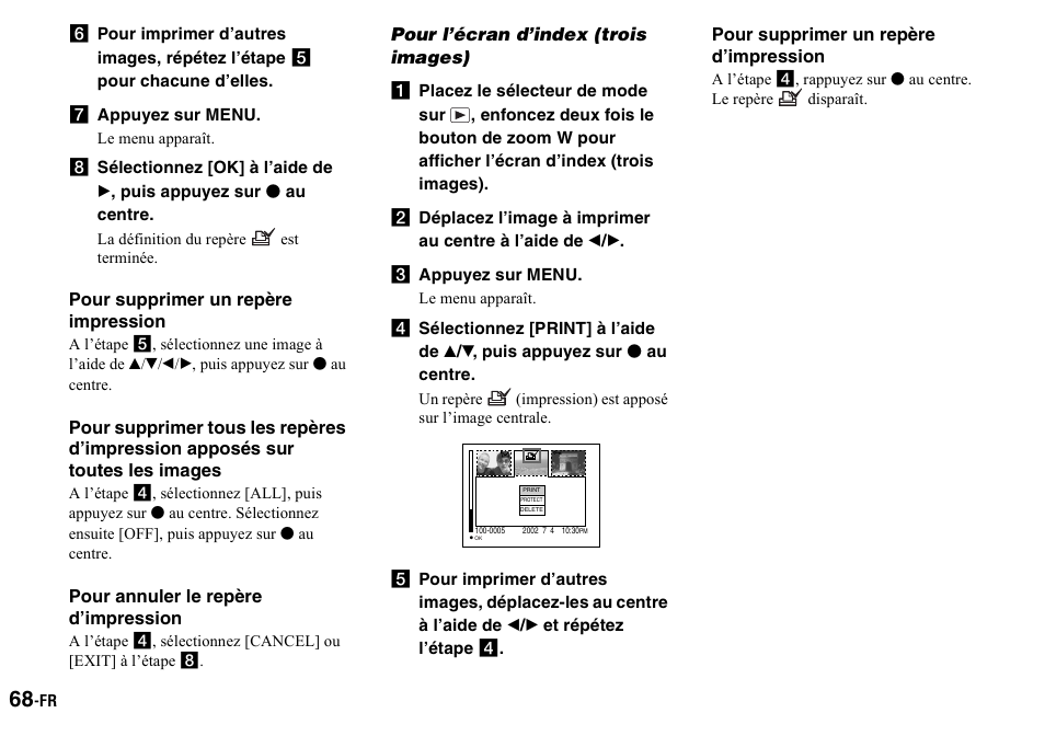 G appuyez sur menu, Pour l’écran d’index (trois images), C appuyez sur menu | Sony DSC-P2 User Manual | Page 68 / 208