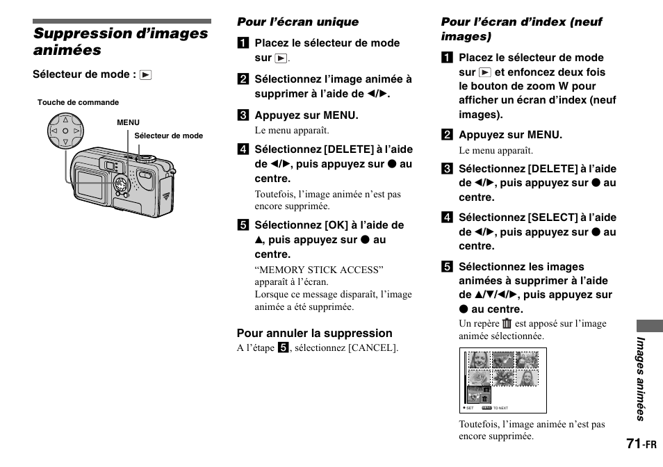 Suppression d’images animées, Pour l’écran unique, A placez le sélecteur de mode sur | C appuyez sur menu, Pour annuler la suppression, Pour l’écran d’index (neuf images), B appuyez sur menu | Sony DSC-P2 User Manual | Page 71 / 208