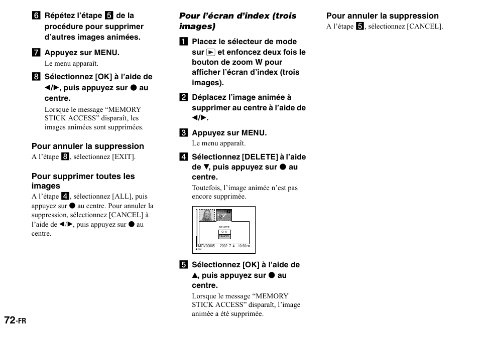 G appuyez sur menu, Pour annuler la suppression, Pour supprimer toutes les images | Pour l’écran d’index (trois images), C appuyez sur menu | Sony DSC-P2 User Manual | Page 72 / 208