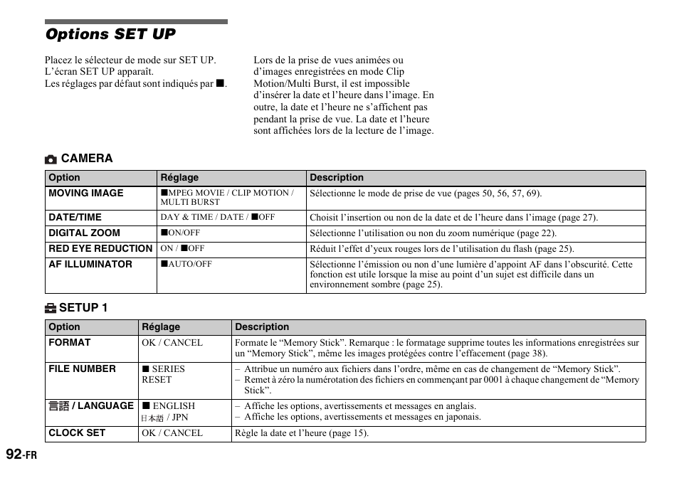 Options set up, Option, Moving image | Date/time, Digital zoom, Red eye reduction, Af illuminator, Réglage, Description, Format | Sony DSC-P2 User Manual | Page 92 / 208